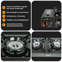 ZMC ZMC Gaskocher Doppel Kartuschenkocher Gaskocher 2 Flammig + 16x Gaskartuschen 227g, (mit automatische Piezo-Zundung Warmeleistung: 2,3KW), Outdoor Gas Campingkocher 2Fach Gasherd Ofen Butan Kochfeld Gas Kocher  Газовая плита ZMC с двойным картриджем, 