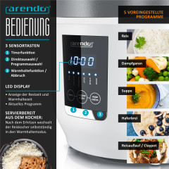 Arendo Arendo Reiskocher, 350 W, Digitaler Dampfgarer, Kochprogramme, Timer, Warmhaltefunktion, Display  Рисоварка Arendo, 350 Вт, цифровая пароварка, программы приготовления, таймер, функция поддержания тепла, дисплей