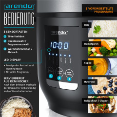 Arendo Arendo Reiskocher, 350 W, Digitaler Dampfgarer, Kochprogramme, Timer, Warmhaltefunktion, Display  Рисоварка Arendo, 350 Вт, цифровая пароварка, программы приготовления, таймер, функция поддержания тепла, дисплей