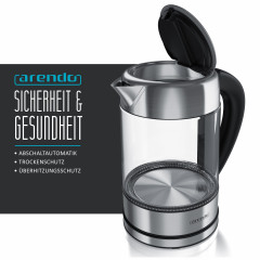 Arendo Arendo Wasserkocher, 1,7 l, 2200 W, Edelstahl mit Glaskorper, Temperaturwahl 40°C 100°C, Aufkochfunktion  Чайник Arendo, 1,7 л, 2200 Вт, нержавеющая сталь, стеклянный корпус, выбор температуры 40°С 100°С, функция кипячения.