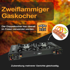ZMC ZMC Gaskocher Doppel Kartuschenkocher Gaskocher 2 Flammig + 12x Gaskartuschen 227g, (mit automatische Piezo-Zundung Warmeleistung: 2,3KW), Outdoor Gas Campingkocher 2Fach Gasherd Ofen Butan Kochfeld Gas Kocher  Газовая плита ZMC с двойным картриджем, 