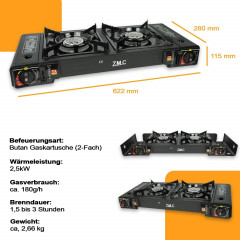 ZMC ZMC Gaskocher Doppel Kartuschenkocher Gaskocher 2 Flammig + 12x Gaskartuschen 227g, (mit automatische Piezo-Zundung Warmeleistung: 2,3KW), Outdoor Gas Campingkocher 2Fach Gasherd Ofen Butan Kochfeld Gas Kocher  Газовая плита ZMC с двойным картриджем, 