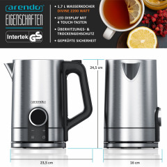 Arendo Arendo Wasserkocher, 1,7 l, 2200 W, Edelstahl, Temperatureinstellung 40 100°, Display, Warmhaltefunktion  Чайник Arendo, 1,7 л, 2200 Вт, нержавеющая сталь, регулировка температуры 40 100°, дисплей, функция поддержания тепла