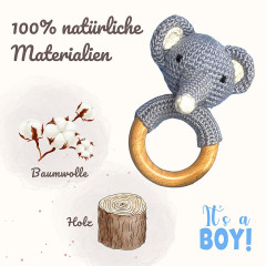 Angels Baby Gehakelte Babyrassel aus Baumwolle mit Beissring aus Holz in niedlichem Tiermotiv Вязаная крючком детская погремушка из хлопка с деревянным колечком для прорезывания зубов в милом зверином мотиве.