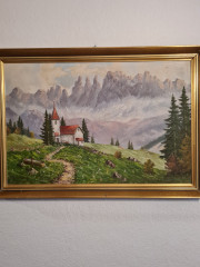 Картина винтажная &quot;Горный пейзаж с домиком&quot;, 66 x 46,5 см, Германия, 1960-70гг.