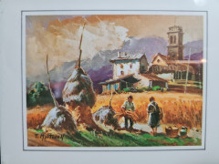 Картина винтажная Martocell &quot;Мужчины в стогах&quot;, в раме, 15 х 12 см, Германия, 1980-90гг.