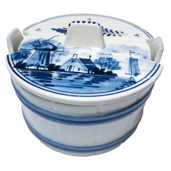 Delft Holland, Делфтский фарфор Сахарница с изображением мельницы на фоне классического голландского пейзажа, 8см х 12см, Голландия 1970-1975гг.