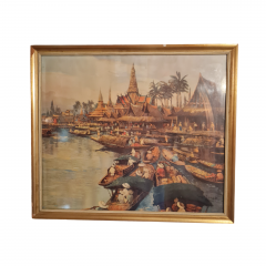 Картина винтажная &quot;Пейзаж с лодками в Тайланде&quot;, масло, 51,5 x 45 см, Германия, 1960-70гг.