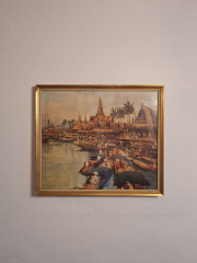 Картина винтажная &quot;Пейзаж с лодками в Тайланде&quot;, масло, 51,5 x 45 см, Германия, 1960-70гг.
