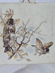 Панно винтажное Wlo &quot;Щеглы на ветке / Х. Арнот&quot;, керамика, 10 x 10 см, Германия, 1960-70гг.