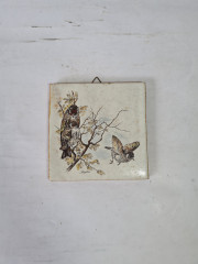 Панно винтажное Wlo &quot;Щеглы на ветке / Х. Арнот&quot;, керамика, 10 x 10 см, Германия, 1960-70гг.