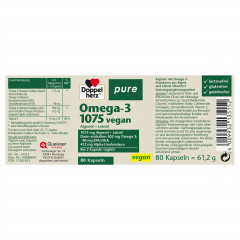 Doppelherz pure Omega-3 1075 vegan, 80 Kapseln, 61,2 g, Веганская омега-3 из масел микроводорослей и льна с DHA, EPA, альфа-линоленовой кислотой и витамином E для дополнения рациона, 80 капсул, 61,2 г