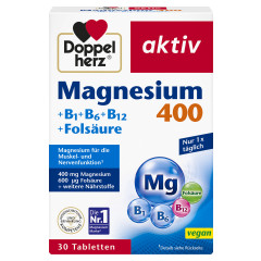 Doppelherz Magnesium 400 + B1 + B6 + B12 + Folsaeure, 30 Tabletten, 40,4 g, Магний 400 мг с витаминами B1, B6, B12 и фолиевой кислотой для мышц, нервной системы и энергетического обмена, 30 таблеток, 40,4 г