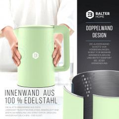 Balter Balter Wasserkocher WK-4-MT, Edelstahl, 1,7 Liter, Doppelwand Design, BPA frei, LED, minze  Чайник Balter WK-4-MT, нержавеющая сталь, 1,7 литра, конструкция с двойными стенками, без BPA, светодиод, мятный