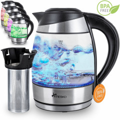TRESKO TRESKO Wasserkocher 1,8 l 2200 W Edelstahl aus Glas mit Teesieb und Kalkfilter, 1,8 l, 2200 W, Teekocher  Чайник TRESKO 1,8 л, 2200 Вт, стекло нержавеющая сталь, с ситечком для чая и фильтром от накипи, 1,8 л, 2200 Вт, чайник