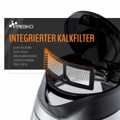 TRESKO TRESKO Wasserkocher 1,8 l 2200 W Edelstahl aus Glas mit Teesieb und Kalkfilter, 1,8 l, 2200 W, Teekocher  Чайник TRESKO 1,8 л, 2200 Вт, стекло нержавеющая сталь, с ситечком для чая и фильтром от накипи, 1,8 л, 2200 Вт, чайник