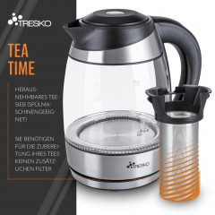 TRESKO TRESKO Wasserkocher 1,8 l 2200 W Edelstahl aus Glas mit Teesieb und Kalkfilter, 1,8 l, 2200 W, Teekocher  Чайник TRESKO 1,8 л, 2200 Вт, стекло нержавеющая сталь, с ситечком для чая и фильтром от накипи, 1,8 л, 2200 Вт, чайник