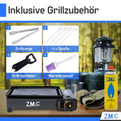 ZMC ZMC Gaskocher 2-in-1 Gaskocher inkl. Zubehor, Camping-Kocher mit 4x Gaskartuschen, (mit Grillplatte + Grillrost, stufenlos regulierbar, Tischgrill), mit Tragekoffer, 3,8kg, Piezo-Zundung Warmeleistung: 2,2KW  Газовая плита ZMC Газовая плита 2-в-1, вкл
