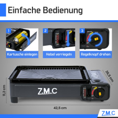 ZMC ZMC Gaskocher 2-in-1 Gaskocher inkl. Zubehor, Camping-Kocher mit 4x Gaskartuschen, (mit Grillplatte + Grillrost, stufenlos regulierbar, Tischgrill), mit Tragekoffer, 3,8kg, Piezo-Zundung Warmeleistung: 2,2KW  Газовая плита ZMC Газовая плита 2-в-1, вкл