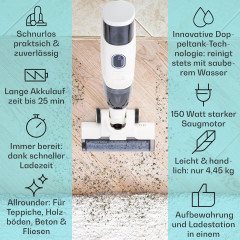 Klarstein Klarstein Akku-Hand-und Stielstaubsauger Caswell, 150 W, beutellos, Nass Trocken Sauger Akku Kabellos Beutellos LED 150  Беспроводной ручной и стержневой пылесос Klarstein Caswell, 150 Вт, без мешка, пылесос для влажной и сухой уборки, аккумулят