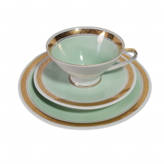 Чайное трио винтажное, зелено-золотистые тона, фарфор, ГДР, 1970-80гг.