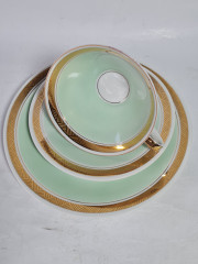 Чайное трио винтажное, зелено-золотистые тона, фарфор, ГДР, 1970-80гг.