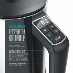 Arendo Arendo Wasserkocher, 1,5 l, 2200 W, Edelstahl, Doppelwand, Temperatureinstellung 40° 100 °C mit Anzeige, Summer |LED-Display |Doppelwandig |Interne Fullstandsanzeige vulkangrau Чайник Arendo, 1,5 л, 2200 Вт, нержавеющая сталь, с двойными стенками, 