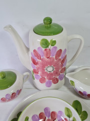 Чайный сервиз винтажный с ярким цветочным декором: чайник, сахарница, молочник, чайная пара, керамика, Италия, 1960-1970гг.