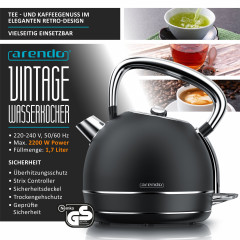 Arendo Arendo Wasserkocher, 1,7 l, 2200 W, Edelstahl Retrostyle Vintage, LED Temperaturanzeige, schwarz matt  Чайник Arendo, 1,7 л, 2200 Вт, нержавеющая сталь, винтажный стиль ретро, ??светодиодный индикатор температуры, матовый черный