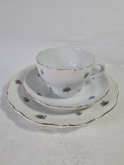 Чайное трио винтажное Meissen с фиолетовыми цветочками, фарфор, Германия, 1960-70гг.