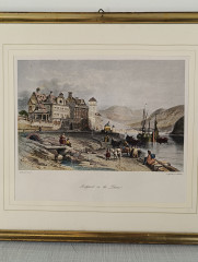 Картина винтажная W.L.Leitch &quot;Боппарт на Рейне (литография 19 века)&quot;, графика, паспарту, в раме, 31.5 х 26 см, Германия, 1980-90гг.