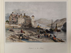 Картина винтажная W.L.Leitch &quot;Боппарт на Рейне (литография 19 века)&quot;, графика, паспарту, в раме, 31.5 х 26 см, Германия, 1980-90гг.