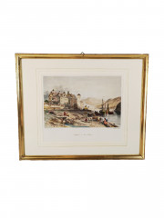 Картина винтажная W.L.Leitch &quot;Боппарт на Рейне (литография 19 века)&quot;, графика, паспарту, в раме, 31.5 х 26 см, Германия, 1980-90гг.