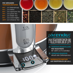Arendo Arendo Wasserkocher, 1,7 l, 2200 W, Edelstahl Retro Style Vintage, LED Temperaturanzeige, kupfer, Vintage Retro Style Edelstahl-Teekessel im Kupfer Design mit Displayanzeige  Чайник Arendo, 1,7 л, 2200 Вт, нержавеющая сталь, винтажный ретро-стиль, 
