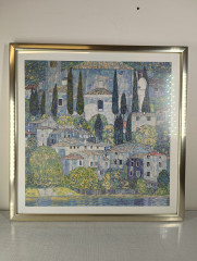 Картина винтажная Гюстав Климт &quot;Церковь в Кассоне&quot;, в серебристой раме, 49.5 х 49.5 см, Германия, 1980-90гг.