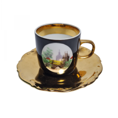 Кофейная пара винтажная Prama &quot;Вид на Эринер&quot;, черный / золото, фарфор, Германия, 1970-80гг.