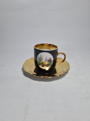 Кофейная пара винтажная Prama &quot;Вид на Эринер&quot;, черный / золото, фарфор, Германия, 1970-80гг.