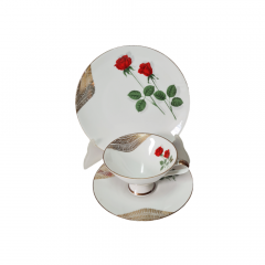 Mitterteich Bavaria Чайное трио &quot;Красные розы&quot; с позолоченным узором на белом фарфоре, Германия, 1960-70гг.