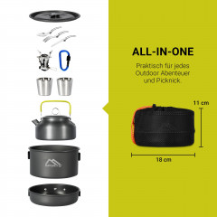 MSports MSports Gaskocher Camping Kochset 11-teilig Kochgeschirr Set Outdoor aus Aluminium Geschirr Set, Kochtopf Topf  Pfanne  Газовая плита MSports Набор для приготовления пищи в кемпинге Набор посуды из 11 предметов на открытом воздухе Набор посуды из 
