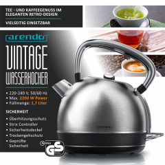 Arendo Arendo Wasserkocher, 1,7 l, 2200 W, Edelstahl Retro Style Vintage, LED Temperaturanzeige, silber  Чайник Arendo, 1,7 л, 2200 Вт, нержавеющая сталь, винтажный стиль ретро, ??светодиодный индикатор температуры, серебристый