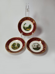 Royal Falcon Декоративные тарелки с позолотой по бордовому краю "Пейзажи", 3 шт х 10,5см, Англия