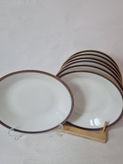 Набор тарелок винтажных PMR Jager & Co Bavaria, белый фарфор с золотисто-голубым узором, 7 шт х 23 x 4 см, Германия, 1960-70гг.