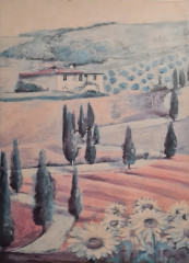 Картина винтажная Aler Corane &quot;Пейзаж с домиком и цветами&quot;, 77 x 57 см, Германия, 1960-1970гг.