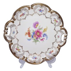 German porcelain, Винтажная фарфоровая Тарелка с цветами и обильной позолотой, 28см, 1960г.