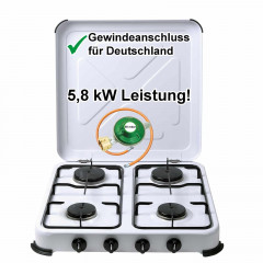 BlueCraft BlueCraft Gaskocher, Campingkocher 4-flammig, Gasherd Kochfeld 50 mbar, inkl. Gasregler 50 mbar und Gasschlauch 100 cm  Газовая плита BlueCraft, походная печь на 4 пламени, газовая плита на 50 мбар, включая газовый регулятор на 50 мбар и газовый