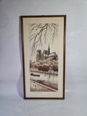 Картина винтажная Kunsthaus Schaller KG / Otriz Alfau "Собор Парижской Богоматери", под стеклом, 55 x 28 см, Германия, 1960-1970гг.