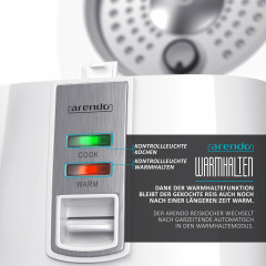 Arendo Arendo Reiskocher, 540 W, 1,4 L, Hitzeschutz, Dampfgareinsatz, Warmhaltefunktion, Dampfgarer weiss Рисоварка Arendo, 540 Вт, 1,4 л, термозащита, насадка-пароварка, функция поддержания тепла, пароварка