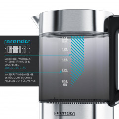 Arendo Arendo Wasserkocher, 1,5 l, 2200 W, Edelstahl Glas, mit Basisstation  Temperatureinstellung 70°C 100°C  Чайник Arendo, 1,5 л, 2200 Вт, стекло нержавеющая сталь, с регулировкой температуры на базовой станции 70°С 100°С