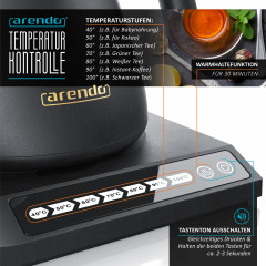 Arendo Arendo Wasserkocher, 0,5 l, 1000 W, Temperatureinstellung 40° bis 100°, Warmhaltefunktion, 360° Basis  Чайник Arendo, 0,5 л, 1000 Вт, регулировка температуры от 40° до 100°, функция поддержания тепла, основание 360°
