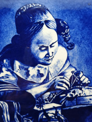 Панно винтажное Delft Blue &quot;Кружевница&quot;, ручная роспись, керамика, 15 х 15 см, Голландия, 1950-70гг.